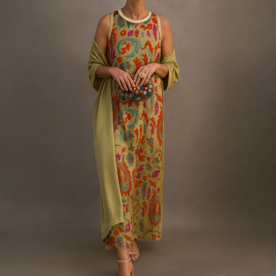 Danielle | Robe longue imprimée et gilet assorti