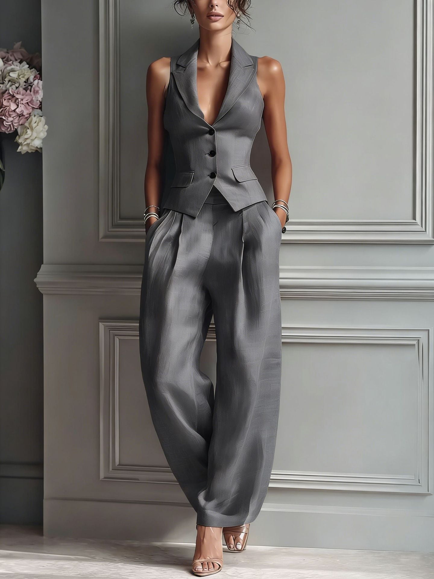 Louise | Ensemble deux pièces boutonné avec col en V pour femme