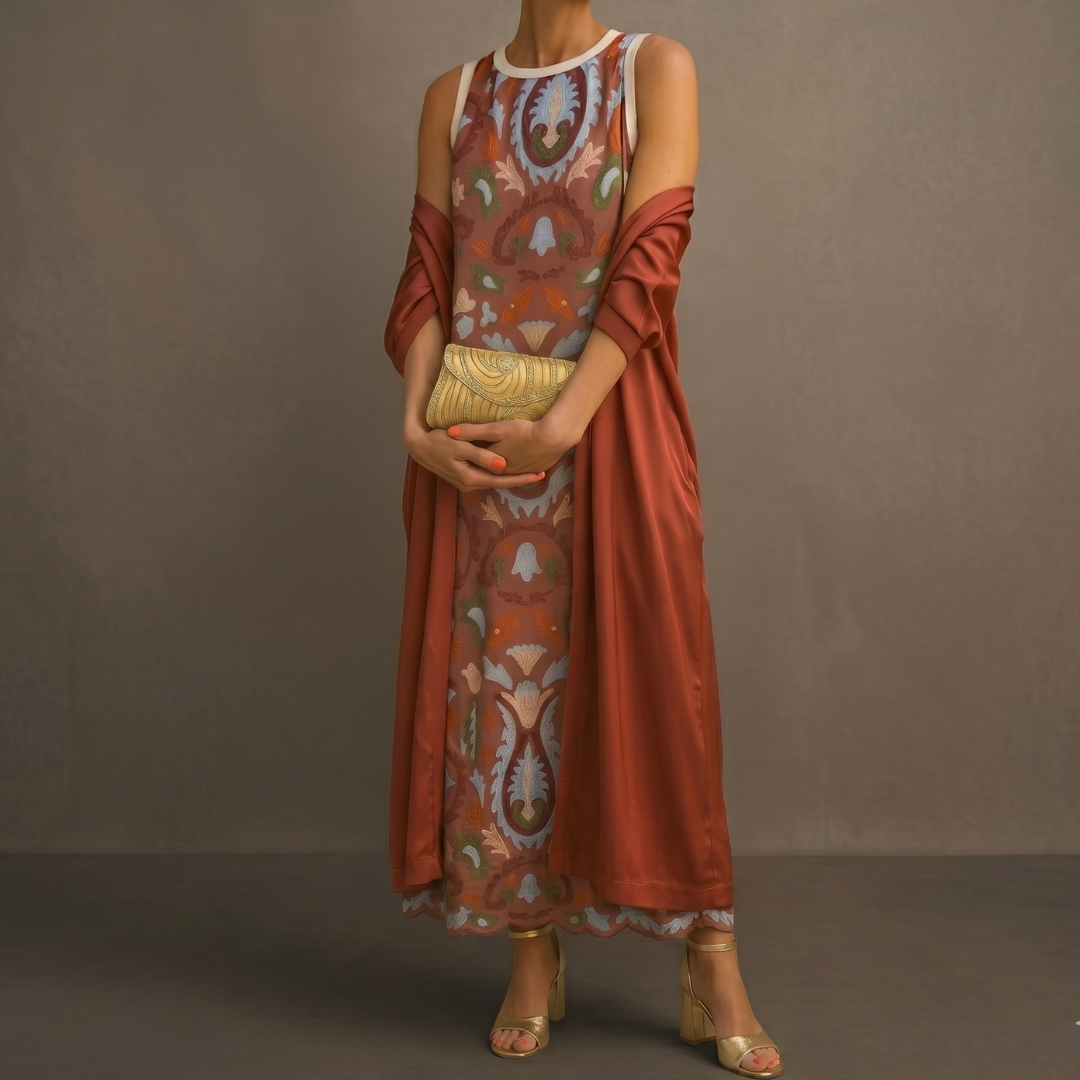 Danielle | Robe longue imprimée et gilet assorti