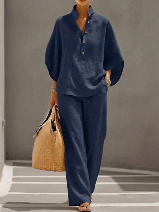 Sophie | Ensemble en lin avec manches chauve-souris et pantalon large