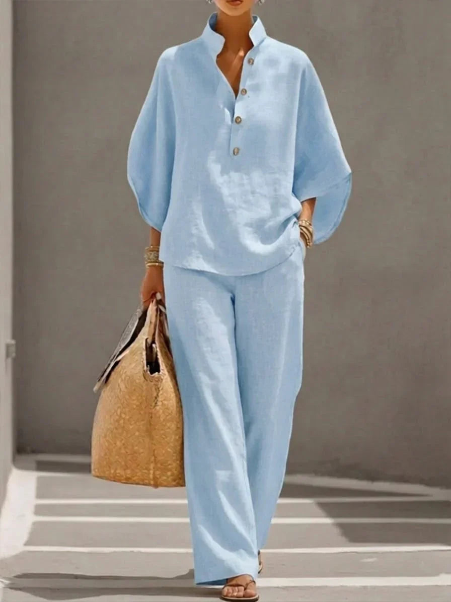 Sophie | Ensemble en lin avec manches chauve-souris et pantalon large