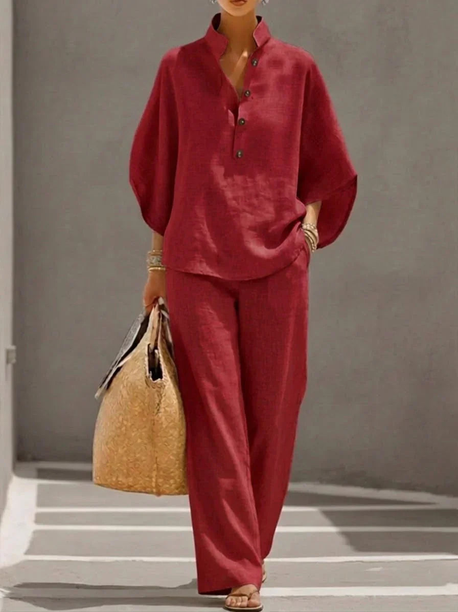Sophie | Ensemble en lin avec manches chauve-souris et pantalon large