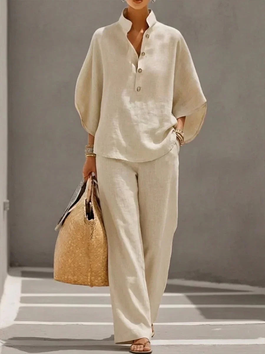 Sophie | Ensemble en lin avec manches chauve-souris et pantalon large